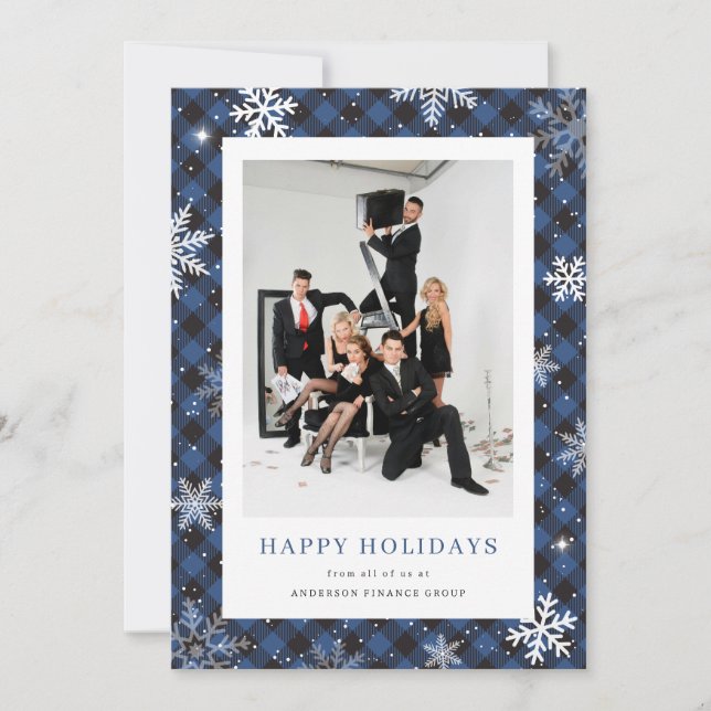 Photo Blue Plaid Snowflake Corporate Business Holiday Card (Front)