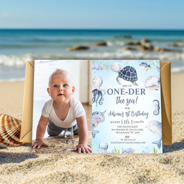 Photo Blue Sea Turtle One-der The Sea 1st Birthday Invitation (Editable Sea Turtle Oneder The sea 1st Birthday Invitation Boy, Ocean Themed First Birthday Invite)