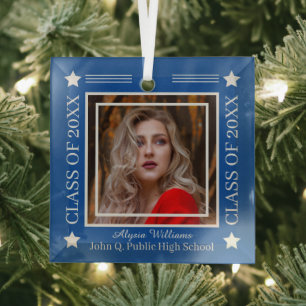 Photo Blue Silver Class Year Graduation Glass Tree Decoration