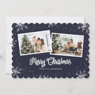 Photo Blue Silver Snowflake Merry Christmas Card