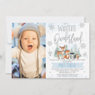 Photo Blue Silver Woodland Onederland 1st Birthday Invitation