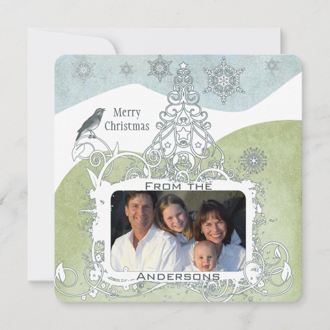 Photo Blue Snowflake Christmas Tree Cute Bird Holiday Card (Front)