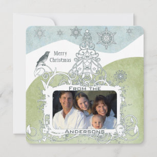 Photo Blue Snowflake Christmas Tree Cute Bird Holiday Card