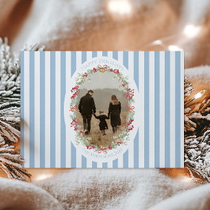 Photo Blue Striped Berry Wreath Christmas Holiday Card