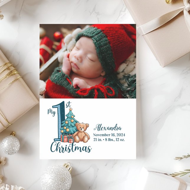 Photo Blue Teddy Baby 1st Christmas Holiday Card (Creator Uploaded)