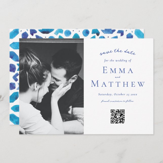 Photo Blue Tile Pattern with QR Save The Date (Front/Back)