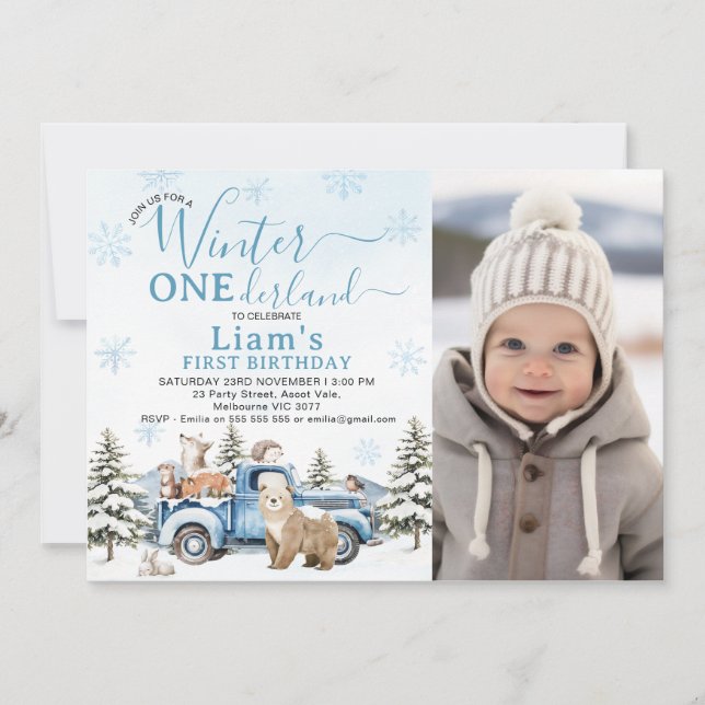 Photo Blue Truck Winter Onederland 1st Birthday Invitation (Front)
