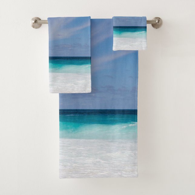 Photo Blue Turquoise Aqua White Beach Bath Towel Set (Insitu)