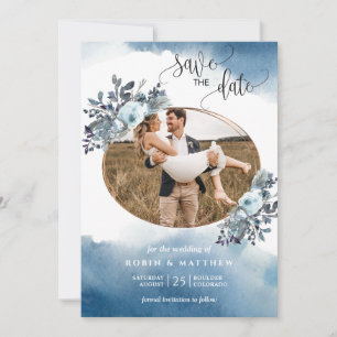 Photo,  Blue Watercolor and Blue Foliage Save The Date