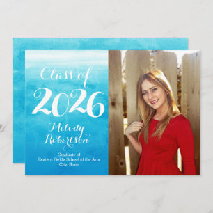 Photo Blue Watercolor Class of 2019 Graduation Invitation