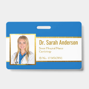Photo Blue White Faux Gold Foil Elegant ID Badge