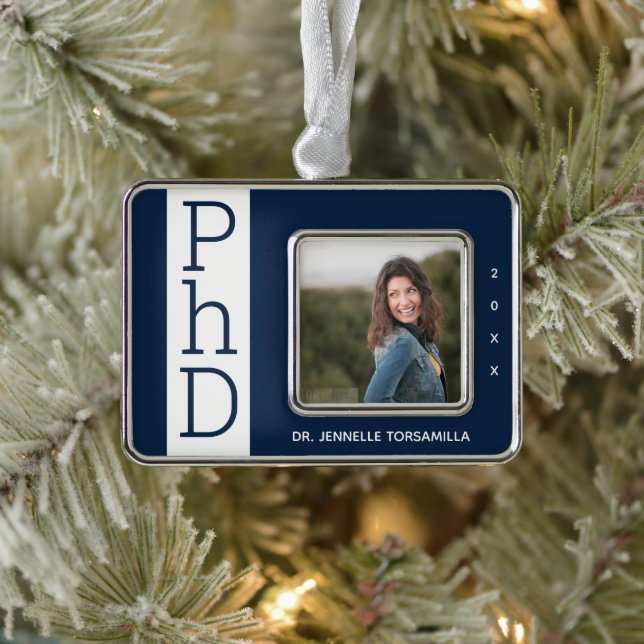 Photo Blue White PhD Graduation Christmas Ornament (Tree)