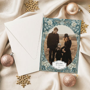 Photo Blue Winter Rose Christmas Holiday Card