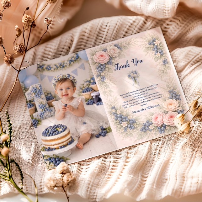 Photo Blueberry Berry First Garden 1st Birthday Thank You Card (Creator Uploaded)