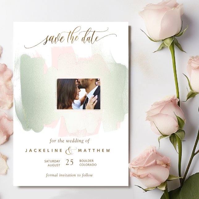 Photo Blush and Sage Brush Strokes Minimal Wedding Save The Date (Creator Uploaded)