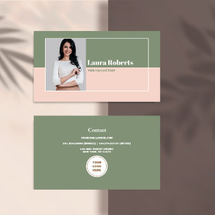 Photo Blush Pink and Green Minimalistic Retro Business Card