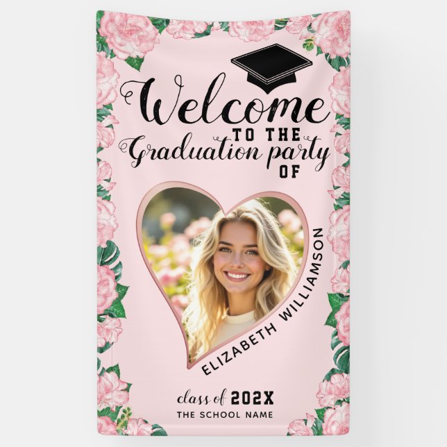 Photo Blush Pink Floral Girly Graduation Welcome Banner (Vertical)