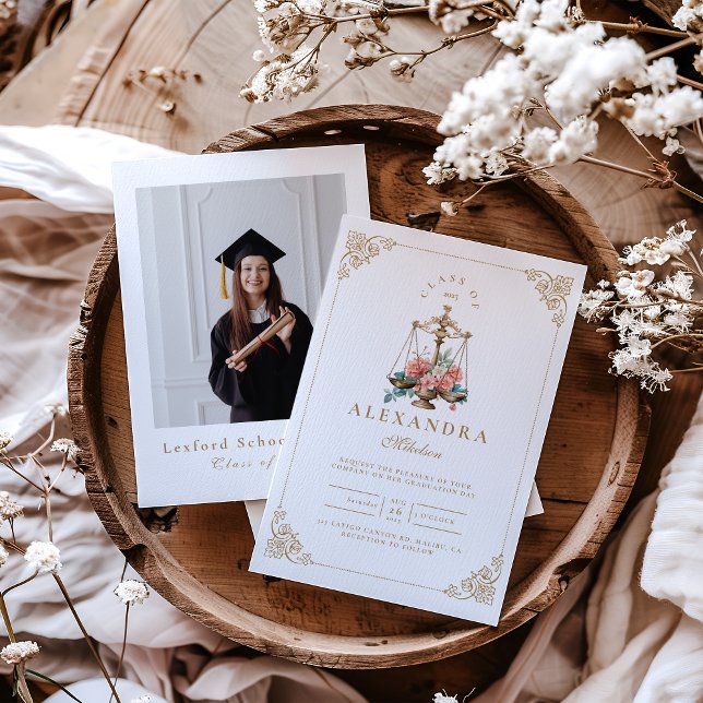 Photo blush Pink Floral Law School Graduation Invitation (Creator Uploaded)