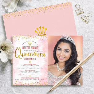 Photo Blush Pink Quinceañera Gold Glitter Tiara Invitation
