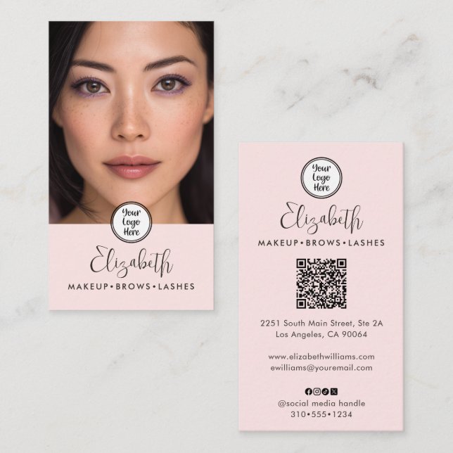 Photo Blush Pink Script Black Logo QR Code Makeup Business Card (Front/Back)