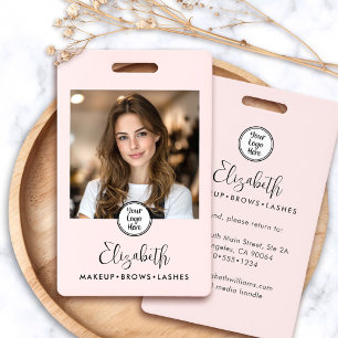 Photo Blush Pink Script Your Logo Here Makeup ID Badge
