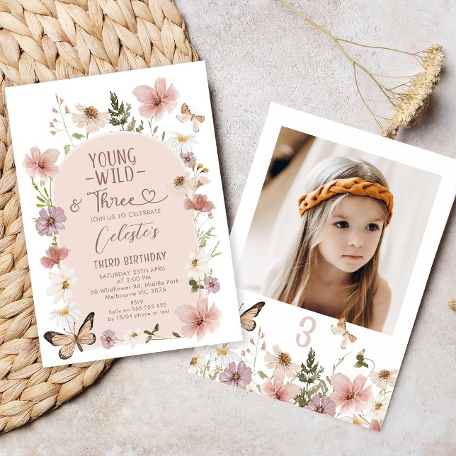 Photo Blush Wildflower Young Wild Three Birthday  Invitation (Young, Wild and Three Birthday Invitation Wildflowers. Wildflowers 3rd Birthday Invitation Photo)