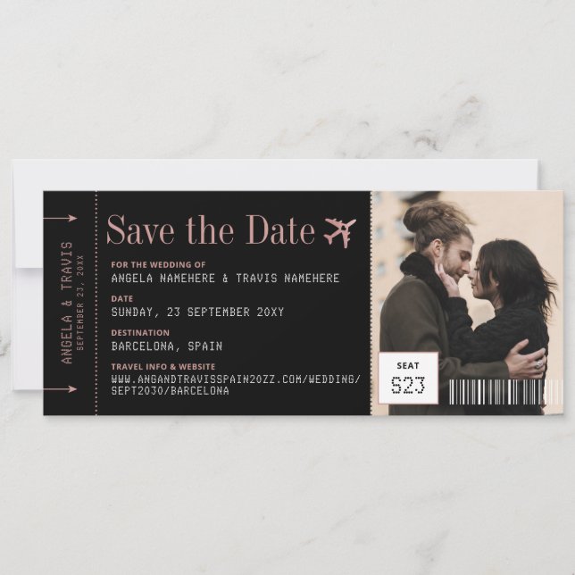 Photo Boarding Pass Ticket Pink Save the Date  (Front)