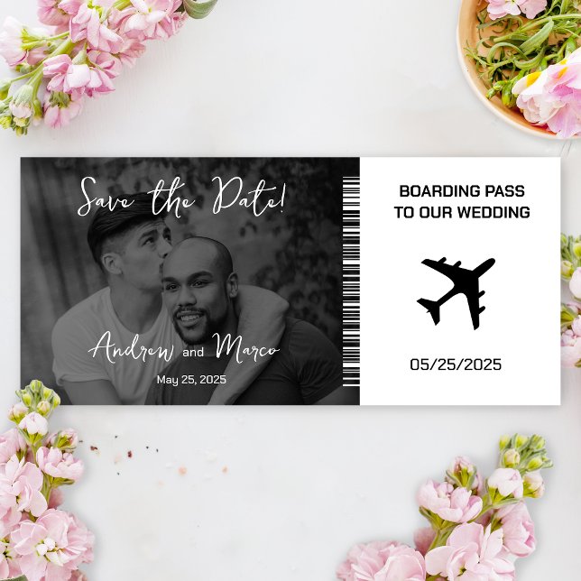Photo Boarding Pass Wedding Save the Date  (Black and white boarding pass save the date)