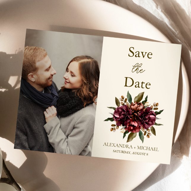 Photo Boho Autumn Burgundy Floral Wedding  Save The Date (Creator Uploaded)