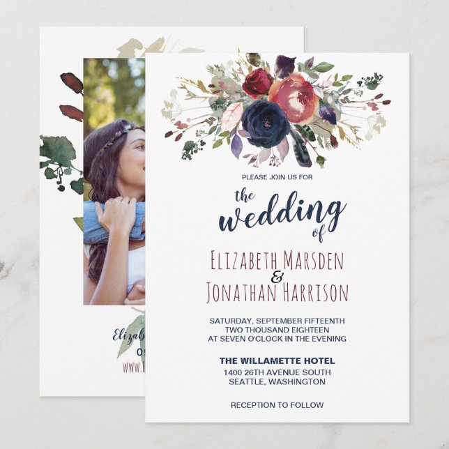 Photo Boho Burgundy Navy Mauve Floral Wedding Invitation (Front/Back)