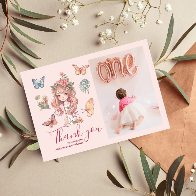 Photo Boho Fairy First Girl's 1st Birthday Thank You Card (Creator Uploaded)