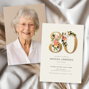 Photo Boho Floral 80th Birthday Invitation