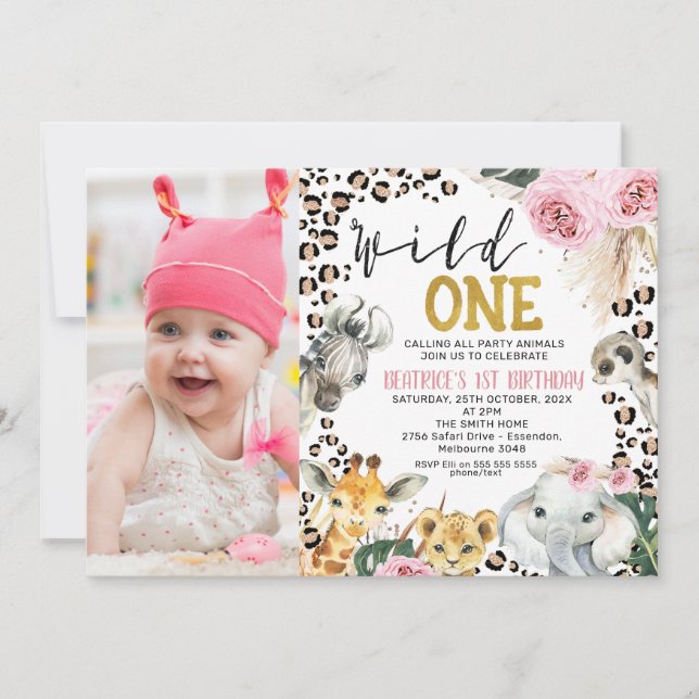 Photo Boho Floral Safari Wild One 1st Birthday Invitation (Front)