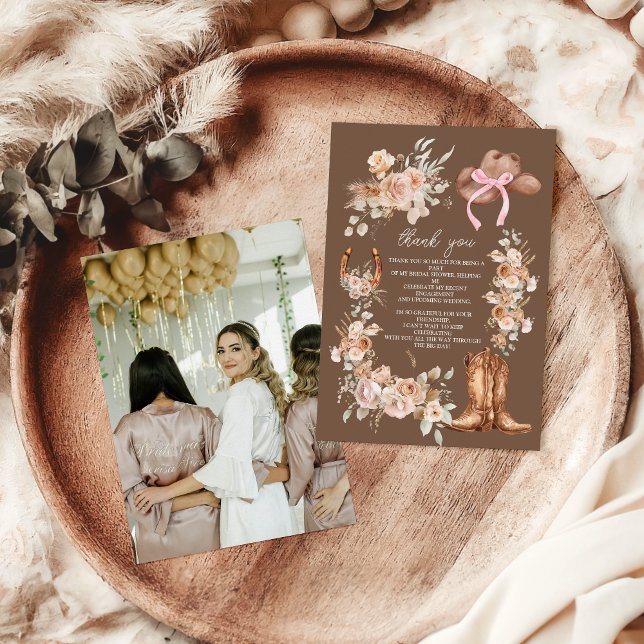 Photo Boho Floral Western Bridal Shower Thank You Card (Creator Uploaded)