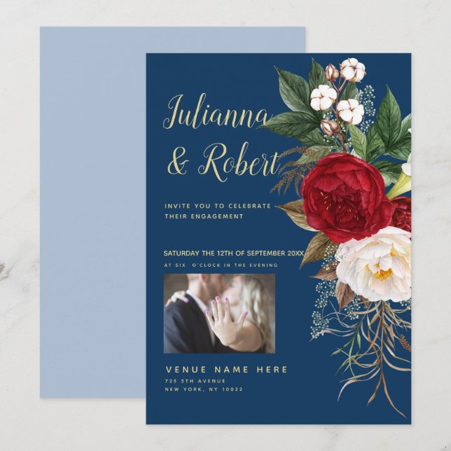 Photo Boho Navy Blue and Burgundy Floral Invitation (Front/Back)