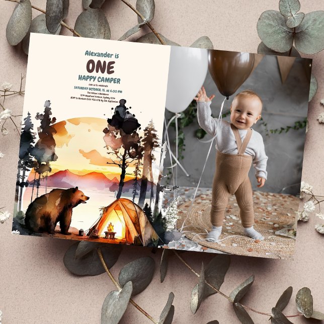 Photo Boho One Happy Camper 1st Birthday Party  Invitation (Creator Uploaded)
