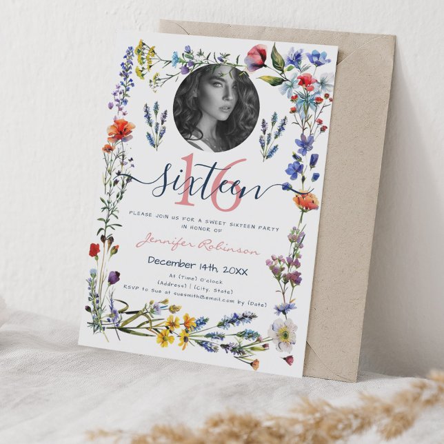 PHOTO Boho Pressed Wildflowers Sweet 16 Birthday Invitation (PHOTO Boho Pressed Wildflowers Sweet 16 Birthday Invitation)