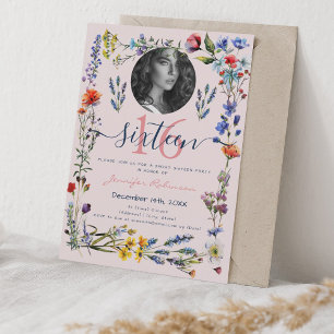 PHOTO Boho Pressed Wildflowers Sweet 16 Blush Invitation