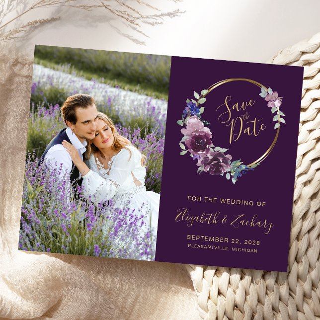 Photo Boho Purple Floral Gold Blank Save the Date Postcard (Creator Uploaded)