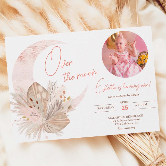 Photo boho rustic pampas floral moon 1st birthday invitation (Creator Uploaded)