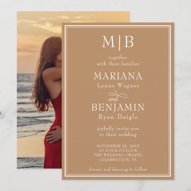 Photo Boho Tan Modern Border Minimalist Wedding Invitation (Front/Back)