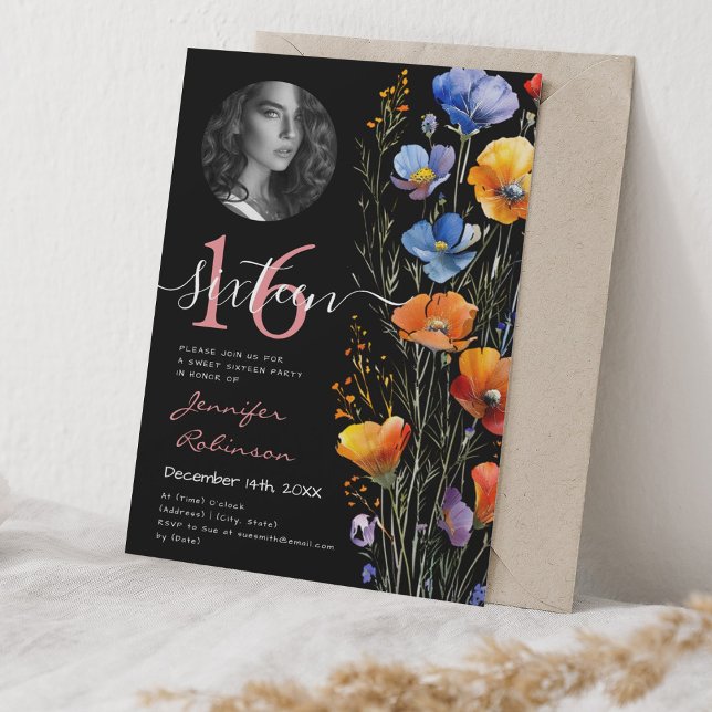 PHOTO Boho Watercolor Wildflowers Sweet 16 Black Invitation (PHOTO Boho Watercolor Wildflowers Sweet 16 Black Invitation)