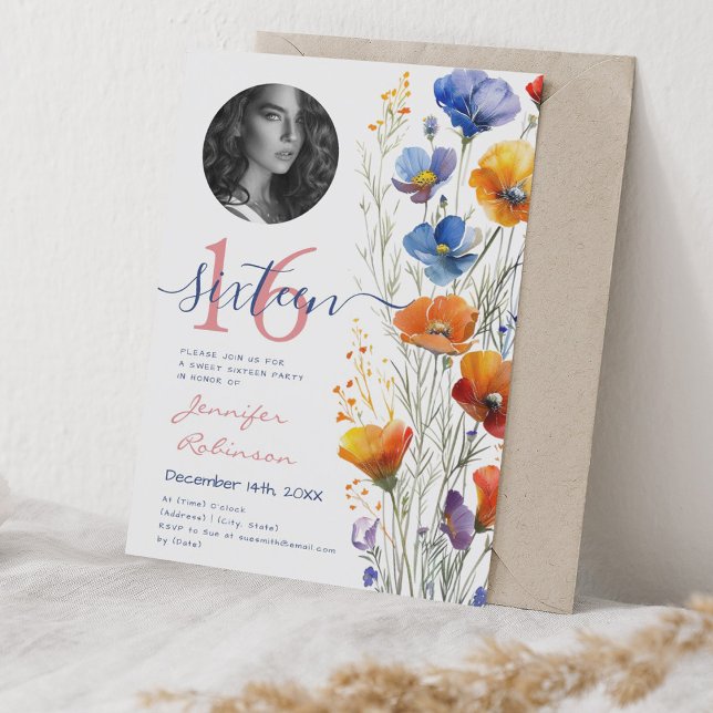 PHOTO Boho Watercolor Wildflowers Sweet 16 Party Invitation (PHOTO Boho Watercolor Wildflowers Sweet 16 Party Invitation)