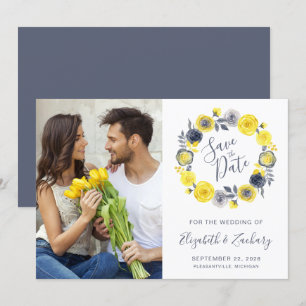 Photo Boho Yellow Grey Floral Wreath Save the Date Invitation