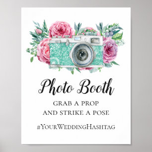 Photo booth boho wedding sign. Floral hashtag Poster