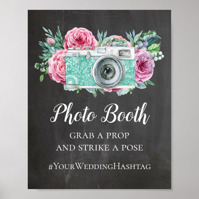 Photo booth chalkboard wedding sign. Grey hashtag Poster (Front)