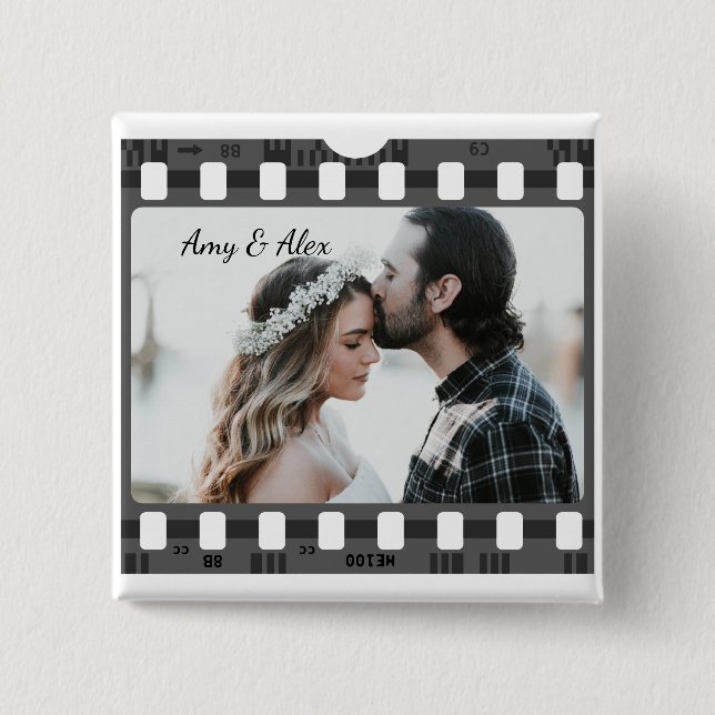 Photo booth film strip personalised photo template 15 cm square badge (Front)