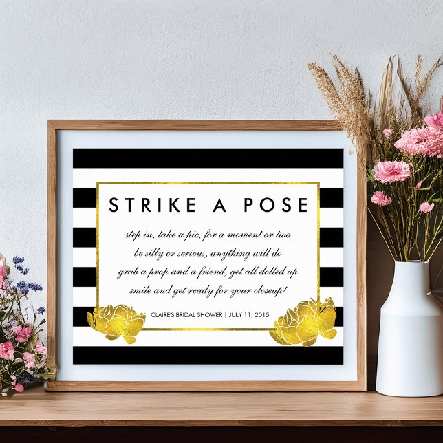 Photo Booth Poster Sign Black Stripe & Gold Peony (Creator Uploaded)