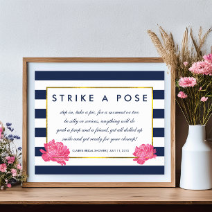 Photo Booth Poster Sign Navy Stripe & Pink Peony