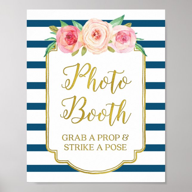 Photo Booth Sign Pink Gold Navy Blue White Stripes (Front)